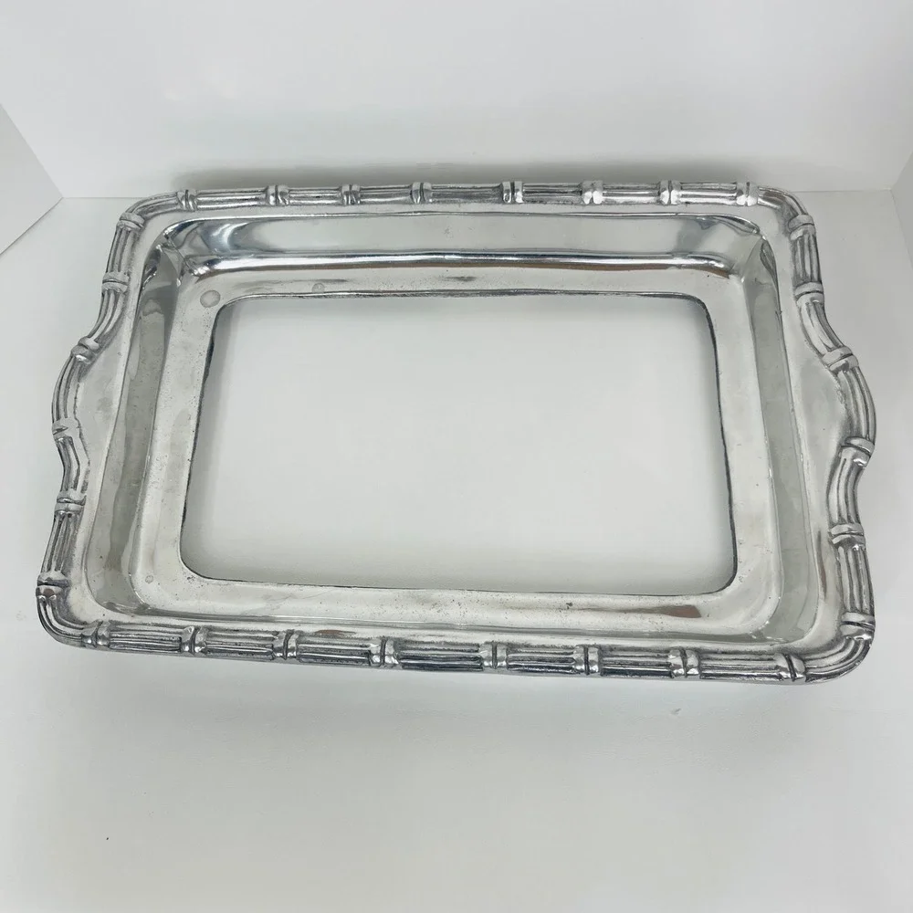 Unbranded Casserole Dish Holder Silver Bamboo Trim Rectangular Pewter Good